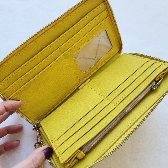 Steve Madden Yellow Embossed Logo Zip-Around Wallet Wristlet Bag Strap Fun - Picture 4 of 7